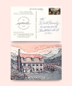 two postcards with an image of a house on the front and back of them