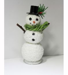 a snowman with a top hat and green scarf on it's head, standing in front of a white background