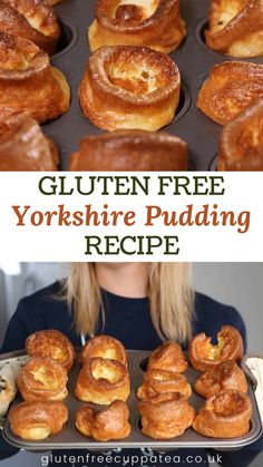 a woman holding a tray full of yorkshire puddings with text overlay that reads gluten free yorkshire pudding recipe