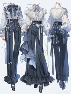 three women's clothing designs, one with ruffled sleeves and the other with high - waisted pants