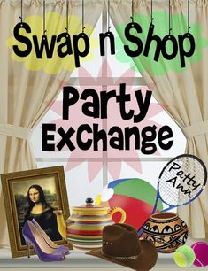 an advertisement for the swap n shop party exchange featuring hats, shoes and other items