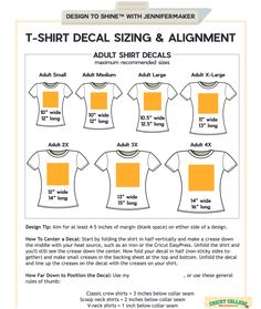 the instructions for how to sew an adult t - shirt with different sizes and colors