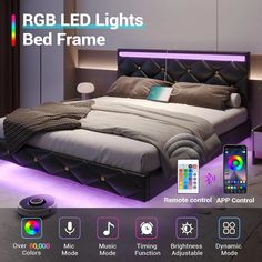 an image of a bed with lights and remote controls on the side in front of it