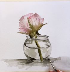 a watercolor painting of a pink flower in a glass vase