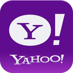 yahoo logo with the word yahoo in white letters on a purple square button that says yahoo