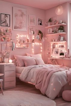 a bedroom decorated in pink and white with lots of lights