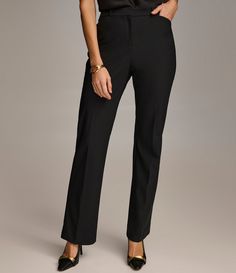 From Donna Karen&#x2C; these pants feature: Slim legPleated front Mid riseSlant front pocketsWelt back functional pocketsFront button/zip closure Approx. 28" inseamNylon/spandex Machine wash Imported. Fitted Mid-rise Pants With Button Zip Fly, Wide Leg Workwear Bottoms With Zip Fly, High-waisted Pants For Work With Button Zip Fly, Wide Leg Bottoms For Workwear With Zip Fly, Chic Workwear Pants With Zip Fly, Elegant Fitted Pants With Button Zip Fly, Black Bottoms With Button Zip Fly For Work, Black Button Zip Fly Bottoms For Work, Black Workwear Bottoms With Button Zip Fly