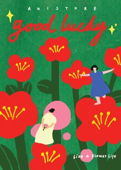 a book cover with an illustration of a girl standing in front of red flowers and the words good luck