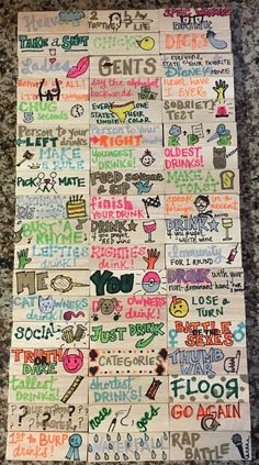 a large poster with many different words and phrases on it's side, all over the floor