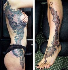 two pictures of legs with tattoos on them