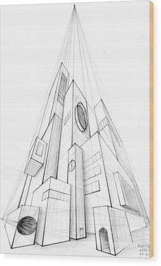 a pencil drawing of a building with a clock on it