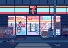 an animated image of a store front at night