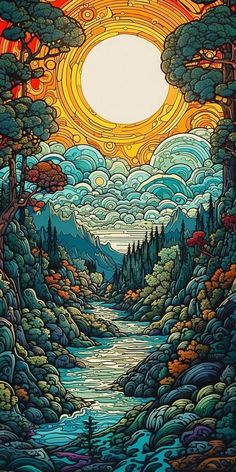 a painting of a river surrounded by trees and clouds with the sun in the background