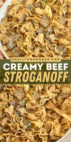 creamy beef stroganoni in a white bowl with a green border overlay