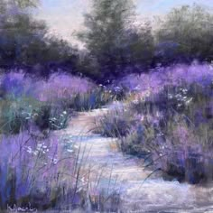 a painting of purple flowers and trees in the background, with water running through it