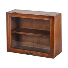 a wooden cabinet with two shelves on one side