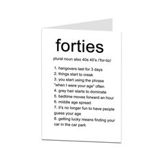 a white card with the words forties on it