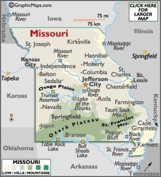 a map of the state of missouri with major cities and towns on it's borders