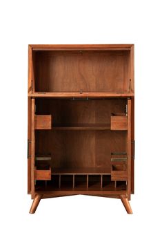 a wooden bookcase with drawers on one side and two open shelves on the other