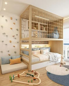 a child's bedroom with bunk beds and toys on the floor in front of it