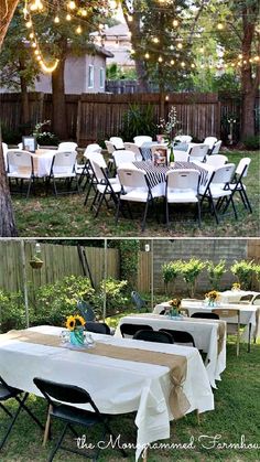 an outdoor dining area with tables and chairs set up in the yard for a party