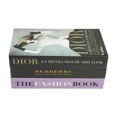 three books on fashion and beauty are stacked in front of each other, with the title dior la revolution du new look