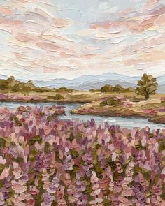 a painting of pink flowers in the foreground with a river and sky in the background