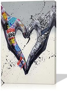 a painting of two hands making a heart shape with words all over the image on it