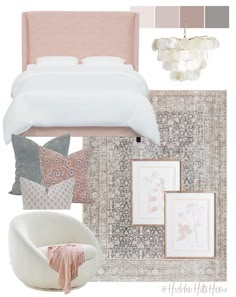 a bedroom with pink and white decor, including a bed, chair, rugs, pillows