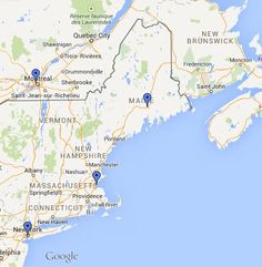 a map showing the location of new brunswick and other towns in canada, with blue marker markers