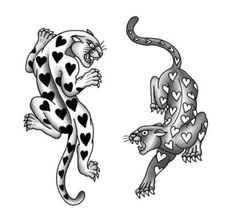 two leopards with hearts on their backs, one is black and the other is white