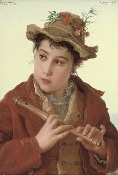 a painting of a young boy holding a pipe and wearing a brown hat with flowers on it