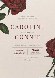 a wedding card with red roses on it and the words, caroline and connie