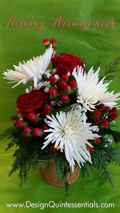 holiday arrangement with red roses and white daisies in a pot on green background for design quiltess essentials