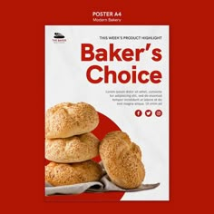 the front cover of a poster for baker's choice with three loaves on it