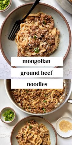 two plates filled with noodles and meat on top of a white tablecloth next to bowls of broccoli