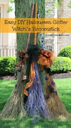 an easy diy halloween glitter witch's broom tree