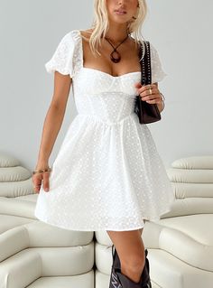 Princess Polly Sweetheart Neckline  Darso Mini Dress White Lace Embroidery Dress, Brunch Dress, Embroidered Lace Dress, Mini Dress White, White Dress Summer, Embroidery Dress, Skirt Design, Short Skirt, Senior Photos