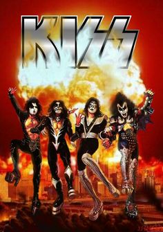 kiss band poster with flames in the background