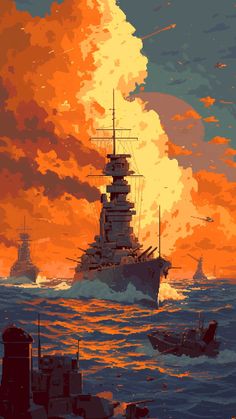 a painting of a battleship in the ocean with other ships on the water at sunset