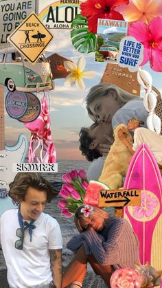 a collage of photos with flowers, surfboards and other things in the background