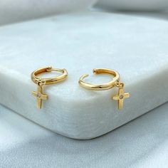 14k Solid Gold Huggie Earrings with Dangle Cross Charm featuring Cubic Zirconia, 14k Solid Yellow Gold CZ Cross Huggie Earrings. - Earrings Size: Length: 22mm | Drop Length: 9mm  | Width: 2mm Drop Width: 6mm | Thickness: 1mm Gold Huggie Earrings, Huggie Earrings, Cross Charms, Chain Choker, Gold Set, Miami Fl, Huggies Earrings, Solid Yellow, Jewelry Supplies