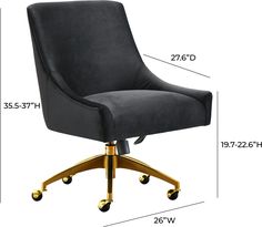 a black office chair with gold wheels and measurements