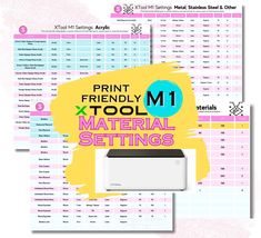 the print friendly m1 material setting is shown in three different colors and sizes, including pink