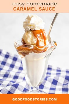 an ice cream sundae with caramel sauce and whipped cream in a glass dish