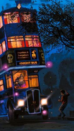 a double decker bus is lit up at night with people on the street below it