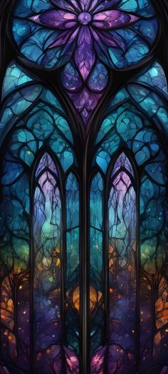 an image of a stained glass window with trees in it