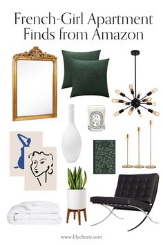 the french - girl apartment finds from amazon, including green and white decor with gold accents