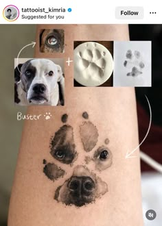 a dog's paw is shown on the left side of the arm with pictures of dogs