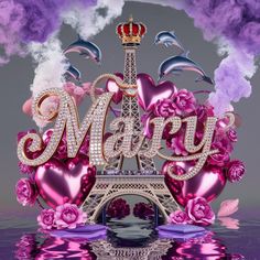 the eiffel tower is surrounded by pink hearts and roses in front of it